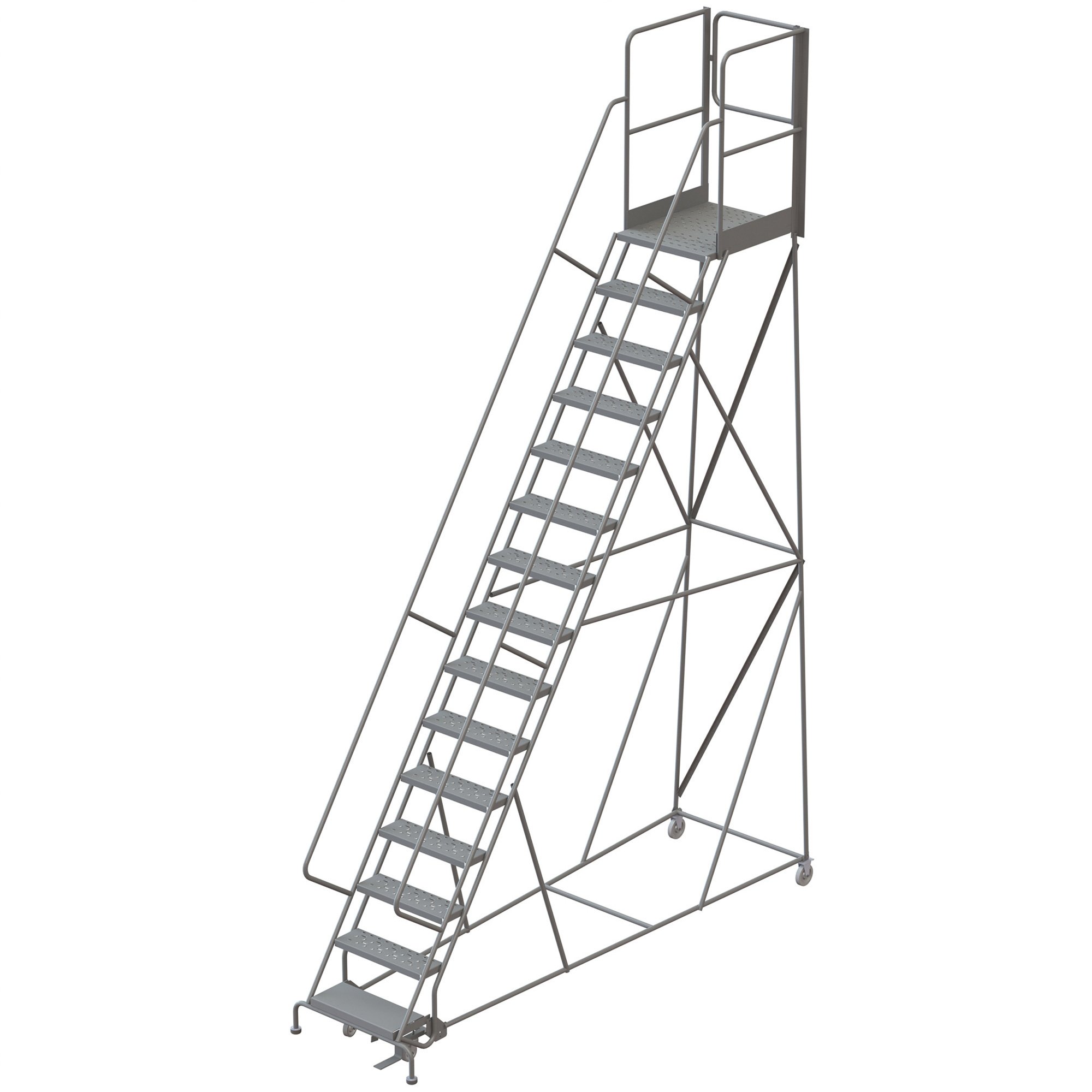 Tri-Arc 15-Step Steel Rolling Ladder with Perforated Steps and Rear Exit Gate — Gray, 24in.W x 30in.D Platform, 450-Lb. Capacity, Model# RWSR115246-XR